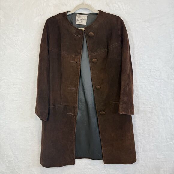 VTG Coat Jacket Suede Genuine Leather Dark Brown MCM Mod Mid Length S/M - Picture 1 of 15